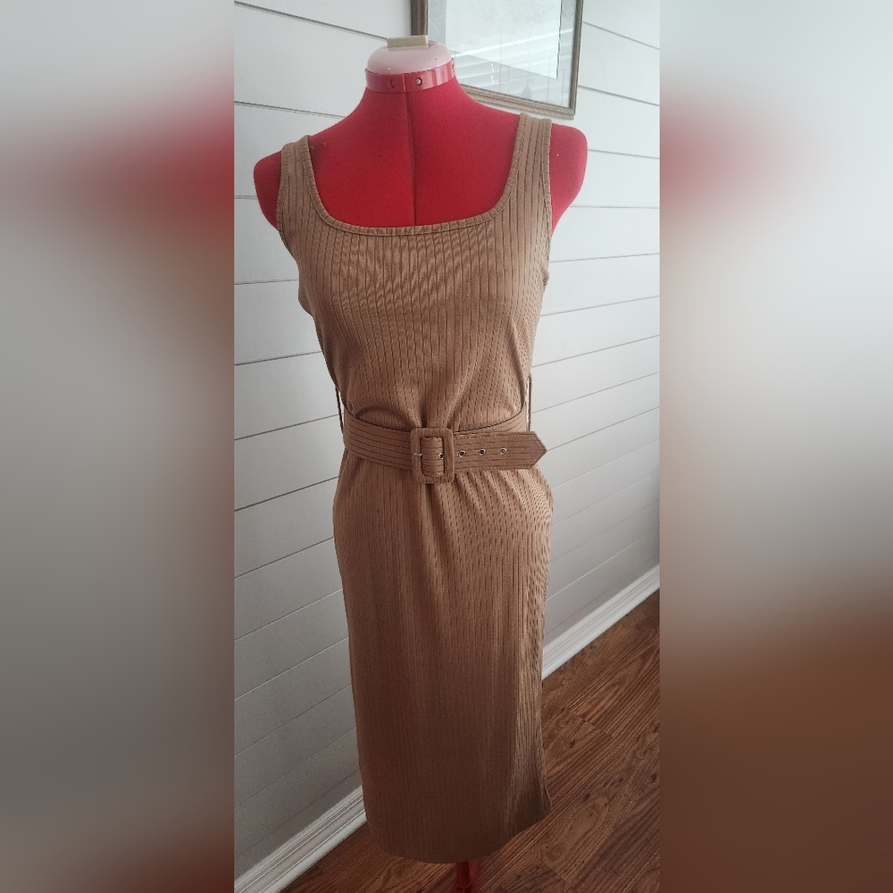 Midi Tan Ribbed Dress With Belt New with Tags